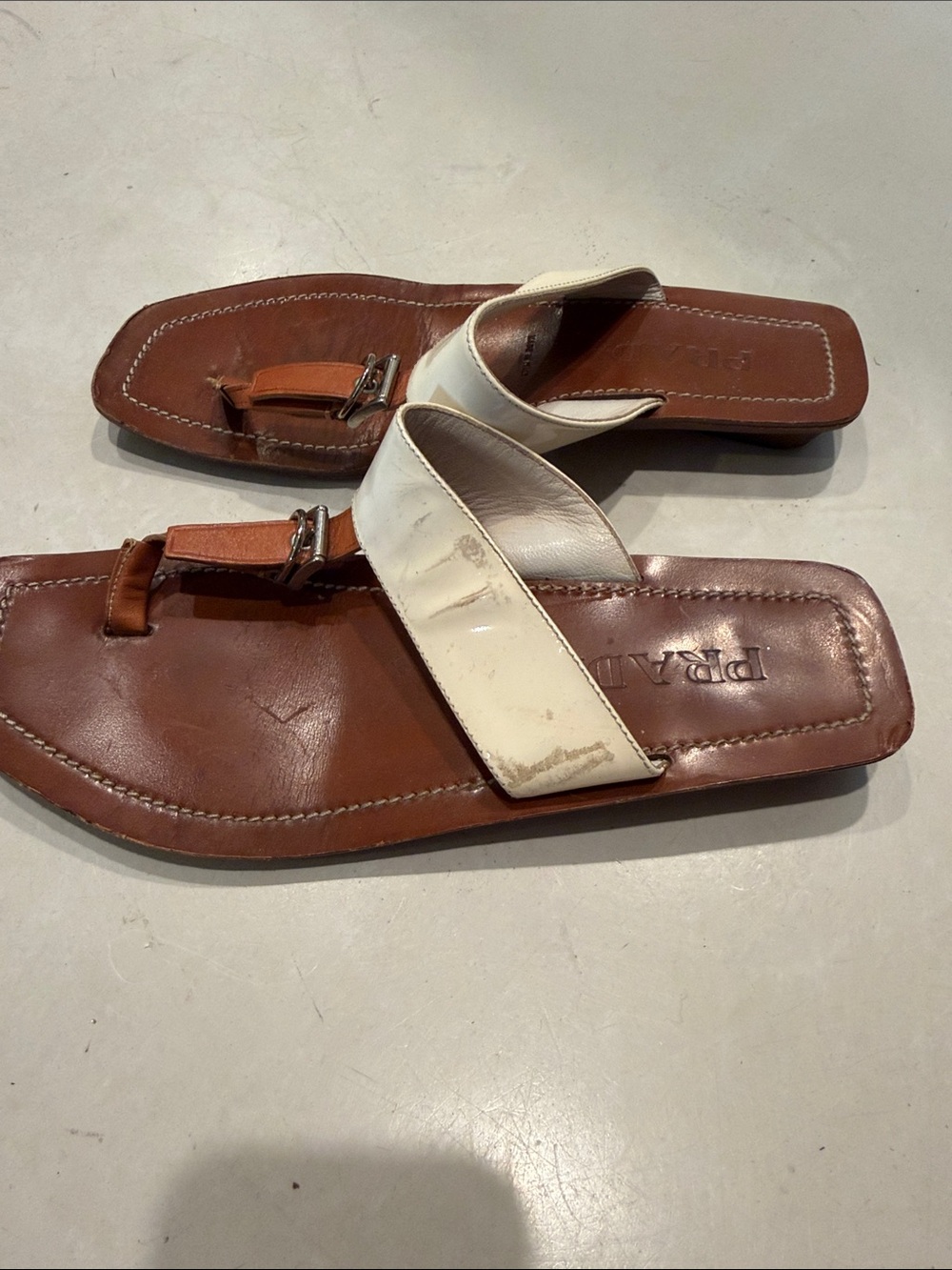 Prada White and Brown Leather Toe-Loop Sandals